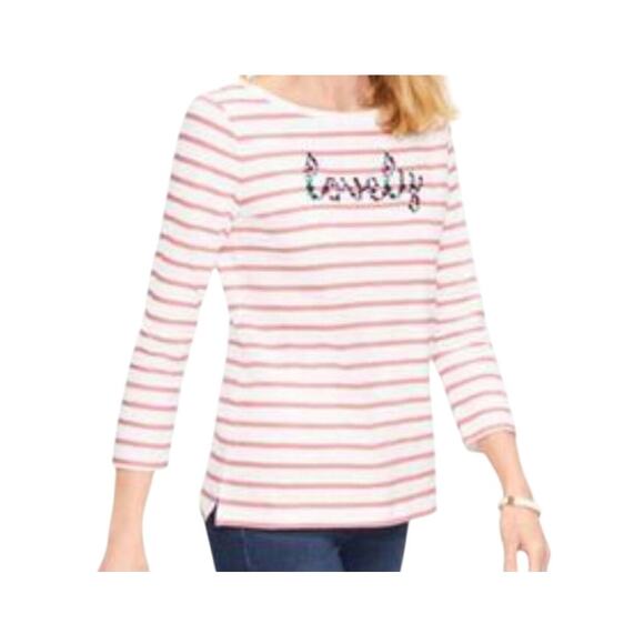 Talbots Womens Pink Stripe Graphic Long Sleeve Tee Size MP - Picture 6 of 6